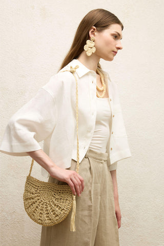 Patterned Straw Mini Bag Beige