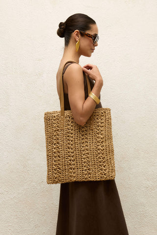 Patterned Straw Shoulder Bag Natural