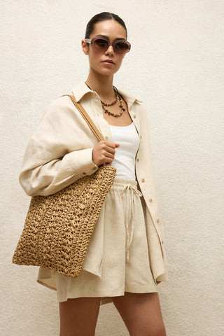 Patterned Straw Shoulder Bag Natural