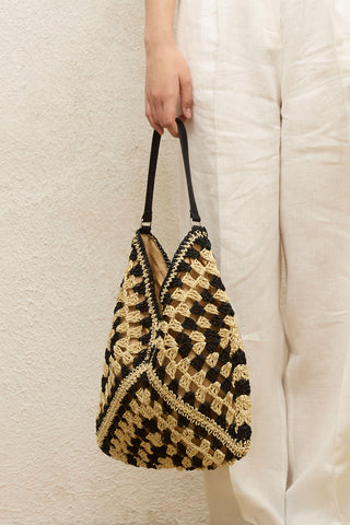 Patterned Straw Handbag Black