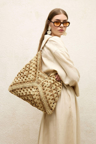 Patterned Straw Handbag Beige