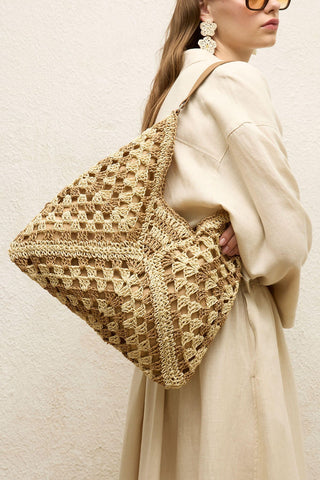 Patterned Straw Handbag Beige