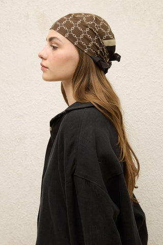 Desenli Pamuk Eşarp Monogram Kahve