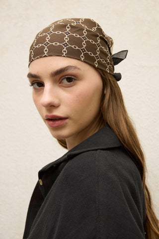 Desenli Pamuk Eşarp Monogram Kahve