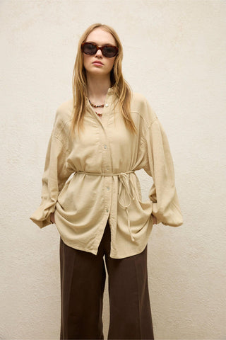 Cotton Balloon Sleeve Shirt Beige