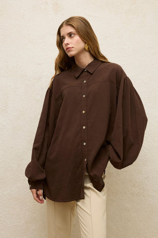 Cotton Balloon Sleeve Shirt Brown