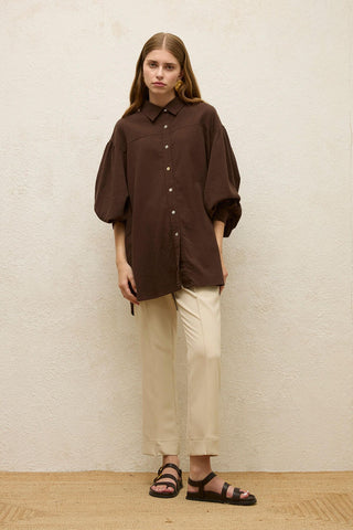 Cotton Balloon Sleeve Shirt Brown