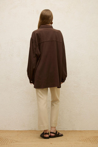 Cotton Balloon Sleeve Shirt Brown