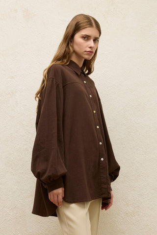 Cotton Balloon Sleeve Shirt Brown