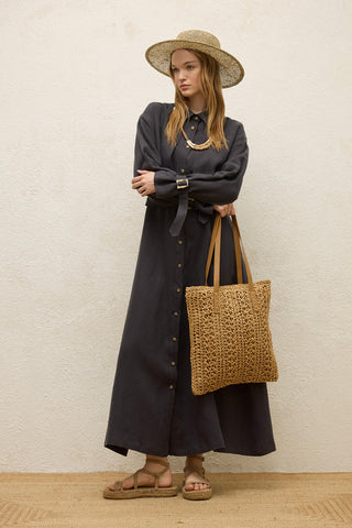 Linen Trench Style Dress Anthracite