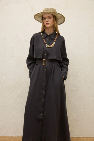 Linen Trench Style Dress Anthracite