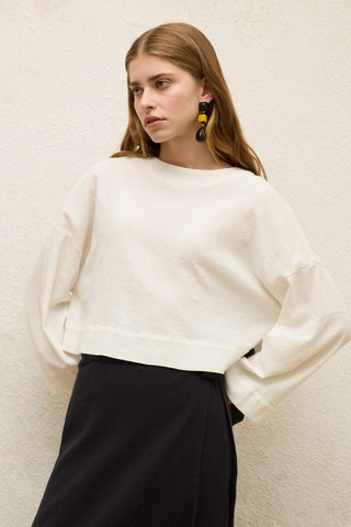 Cotton Wide-Sleeve Crop Blouse Ecru