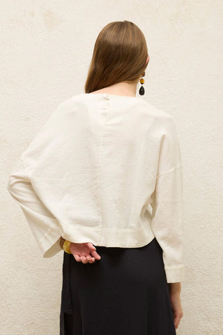 Cotton Wide-Sleeve Crop Blouse Ecru