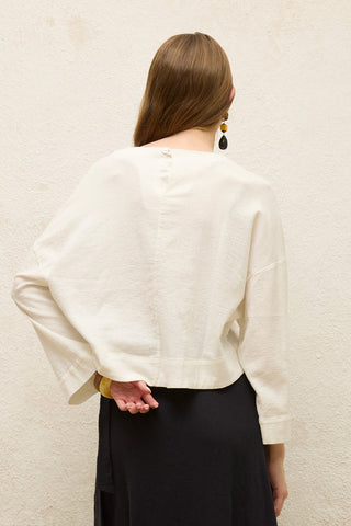 Cotton Wide-Sleeve Crop Blouse Ecru