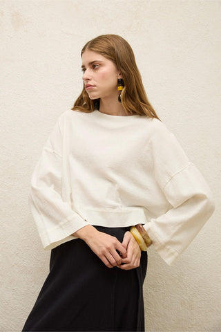 Cotton Wide-Sleeve Crop Blouse Ecru