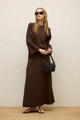 Cotton Wide-Sleeve Crop Blouse Dark Brown