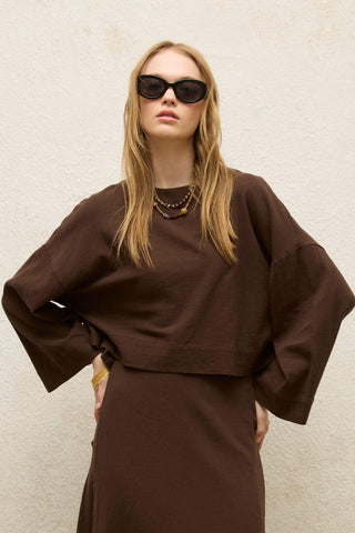 Cotton Wide-Sleeve Crop Blouse Dark Brown