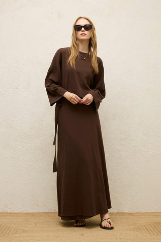 Cotton Wide-Sleeve Crop Blouse Dark Brown