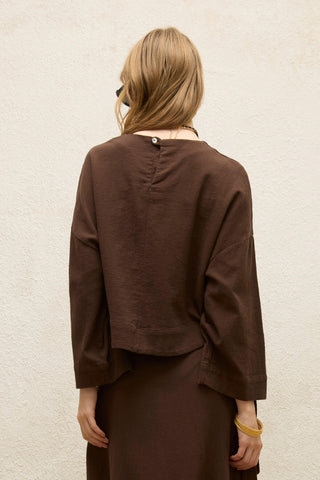 Cotton Wide-Sleeve Crop Blouse Dark Brown