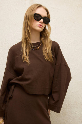 Cotton Wide-Sleeve Crop Blouse Dark Brown
