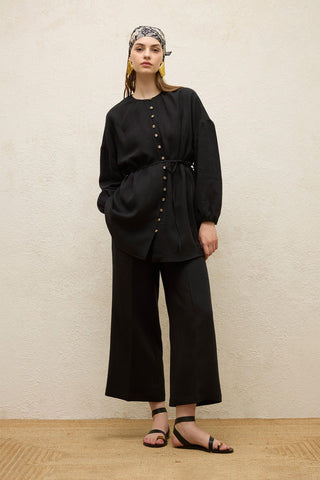 Linen Balloon Sleeve Shirt Black