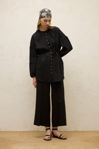 Linen Balloon Sleeve Shirt Black