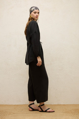 Linen Balloon Sleeve Shirt Black