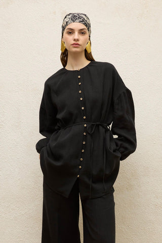 Linen Balloon Sleeve Shirt Black