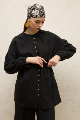 Linen Balloon Sleeve Shirt Black