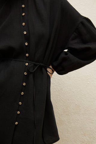 Linen Balloon Sleeve Shirt Black