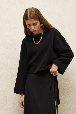 Cotton Wide-Sleeve Crop Blouse Black