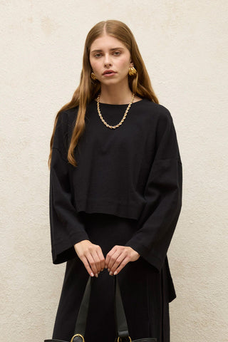 Cotton Wide-Sleeve Crop Blouse Black