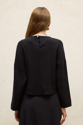 Cotton Wide-Sleeve Crop Blouse Black