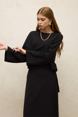 Cotton Wide-Sleeve Crop Blouse Black