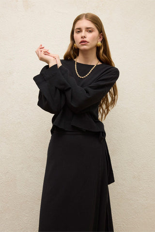 Cotton Wide-Sleeve Crop Blouse Black