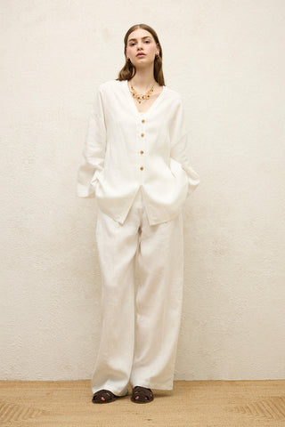 Düğmeli Keten Gömlek Ekru