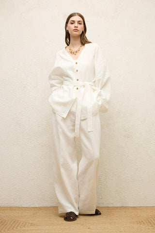 Düğmeli Keten Gömlek Ekru