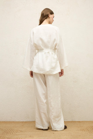 Düğmeli Keten Gömlek Ekru