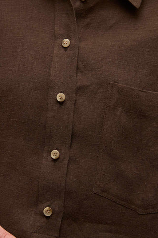Long Sleeve Linen Crop Shirt Dark Brown