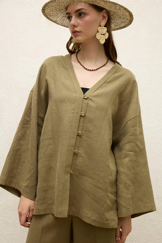 Düğmeli Keten Gömlek Haki
