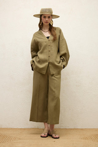 Düğmeli Keten Gömlek Haki