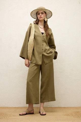 Straight Linen Trousers Khaki