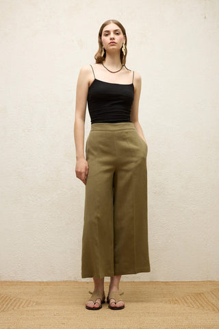 Straight Linen Trousers Khaki