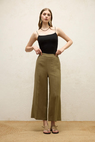 Straight Linen Trousers Khaki