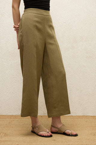 Straight Linen Trousers Khaki