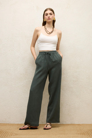 Relaxed Linen Pants With Pockets Green