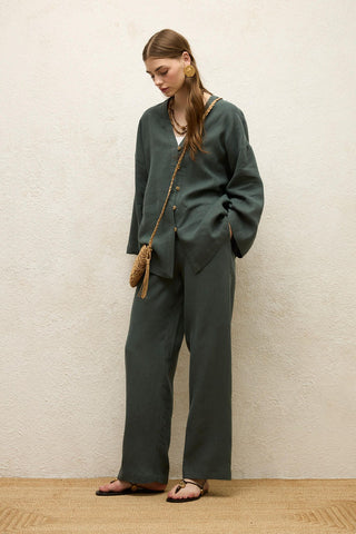 Relaxed Linen Pants With Pockets Green