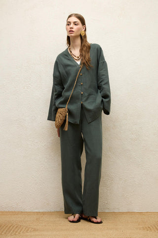 Relaxed Linen Pants With Pockets Green