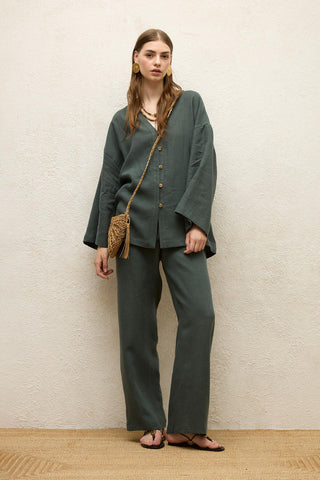 Relaxed Linen Pants With Pockets Green