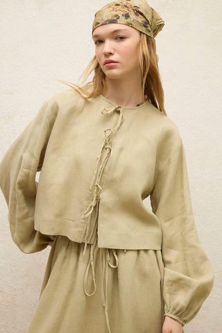 Linen Lace-Up Blouse Sage Green
